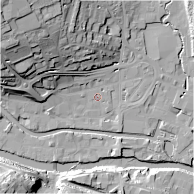 Shaded relief map of the ground around HD61AD, computed from Environment Agency LiDAR. The ground here sits at about 57 m above sea level and falls 44 m across the surrounding 800 m. Surface water reaching this point runs off ground lying to the north-west, 1.4 m higher.