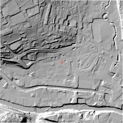 Shaded relief map of the ground around HD61AF, computed from Environment Agency LiDAR. The ground here sits at about 57 m above sea level and falls 44 m across the surrounding 800 m. Surface water reaching this point runs off ground lying to the west-north-west, 7.9 m higher.
