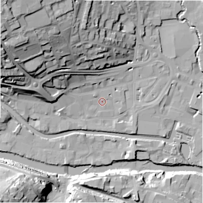 Shaded relief map of the ground around HD61AP, computed from Environment Agency LiDAR. The ground here sits at about 57 m above sea level and falls 45 m across the surrounding 800 m. Surface water reaching this point runs off ground lying to the north-west, 39.3 m higher.