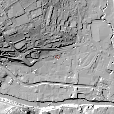 Shaded relief map of the ground around HD61AQ, computed from Environment Agency LiDAR. The ground here sits at about 58 m above sea level and falls 46 m across the surrounding 800 m. Surface water reaching this point runs off ground lying to the north-west, 39.0 m higher.