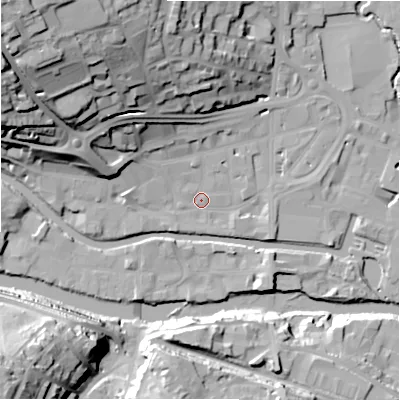 Shaded relief map of the ground around HD61AR, computed from Environment Agency LiDAR. The ground here sits at about 56 m above sea level and falls 45 m across the surrounding 800 m. Surface water reaching this point runs off ground lying to the north-west, 40.8 m higher.