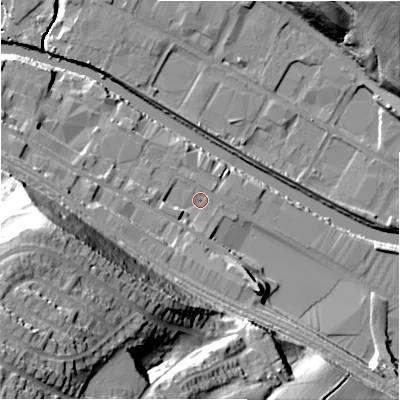 Shaded relief map of the ground around HD61AZ, computed from Environment Agency LiDAR. The ground here sits at about 55 m above sea level and falls 55 m across the surrounding 800 m. Surface water reaching this point runs off ground lying to the west-south-west, 36.2 m higher.
