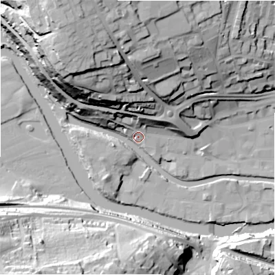 Shaded relief map of the ground around HD61BD, computed from Environment Agency LiDAR. The ground here sits at about 58 m above sea level and falls 51 m across the surrounding 800 m. Surface water reaching this point runs off ground lying to the west-north-west, 16.6 m higher.