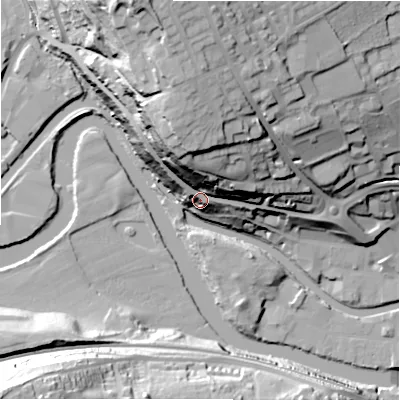 Shaded relief map of the ground around HD61BL, computed from Environment Agency LiDAR. The ground here sits at about 70 m above sea level and falls 55 m across the surrounding 800 m. Surface water reaching this point runs off ground lying to the north-north-west, 29.9 m higher.