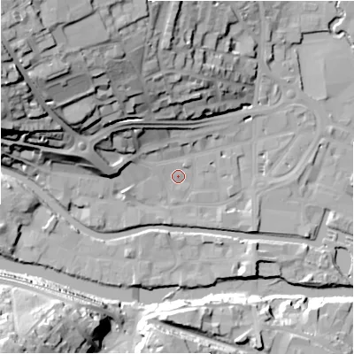 Shaded relief map of the ground around HD61DN, computed from Environment Agency LiDAR. The ground here sits at about 57 m above sea level and falls 47 m across the surrounding 800 m. Surface water reaching this point runs off ground lying to the north-north-west, 1.4 m higher.