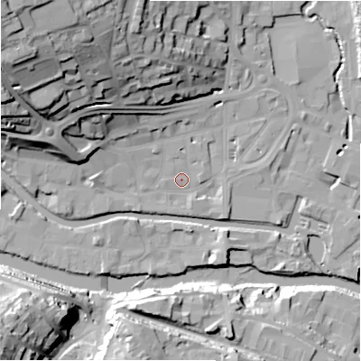 Shaded relief map of the ground around HD61DU, computed from Environment Agency LiDAR. The ground here sits at about 57 m above sea level and falls 44 m across the surrounding 800 m. Surface water reaching this point runs off ground lying to the north-west, 38.3 m higher.