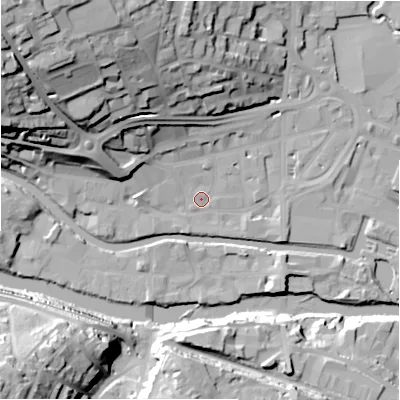 Shaded relief map of the ground around HD61EA, computed from Environment Agency LiDAR. The ground here sits at about 56 m above sea level and falls 46 m across the surrounding 800 m. Surface water reaching this point runs off ground lying to the north-west, 41.7 m higher.