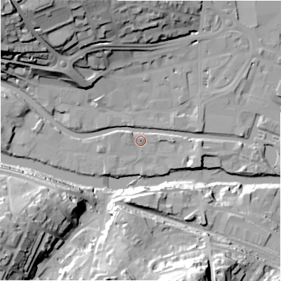 Shaded relief map of the ground around HD61EB, computed from Environment Agency LiDAR. The ground here sits at about 56 m above sea level and falls 43 m across the surrounding 800 m. Surface water reaching this point runs off ground lying to the north-west, 39.8 m higher.