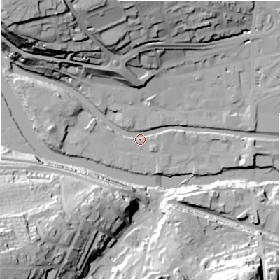 Shaded relief map of the ground around HD61ED, computed from Environment Agency LiDAR. The ground here sits at about 55 m above sea level and falls 50 m across the surrounding 800 m. Surface water reaching this point runs off ground lying to the north-west, 16.6 m higher.