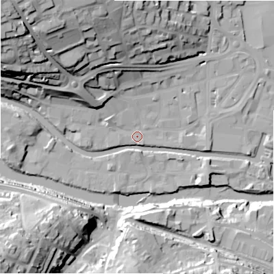 Shaded relief map of the ground around HD61EF, computed from Environment Agency LiDAR. The ground here sits at about 57 m above sea level and falls 47 m across the surrounding 800 m. Surface water reaching this point runs off ground lying to the north-west, 42.3 m higher.
