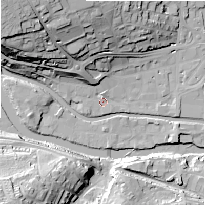 Shaded relief map of the ground around HD61EJ, computed from Environment Agency LiDAR. The ground here sits at about 57 m above sea level and falls 50 m across the surrounding 800 m. Surface water reaching this point runs off ground lying to the north-west, 45.8 m higher.