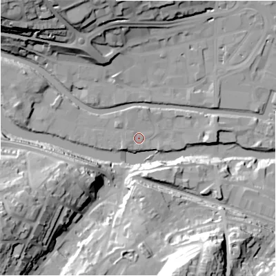 Shaded relief map of the ground around HD61EL, computed from Environment Agency LiDAR. The ground here sits at about 55 m above sea level and falls 52 m across the surrounding 800 m. Surface water reaching this point runs off ground lying to the west-north-west, 7.2 m higher.