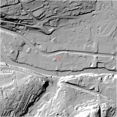 Shaded relief map of the ground around HD61EP, computed from Environment Agency LiDAR. The ground here sits at about 56 m above sea level and falls 47 m across the surrounding 800 m. Surface water reaching this point runs off ground lying to the west, 6.6 m higher.
