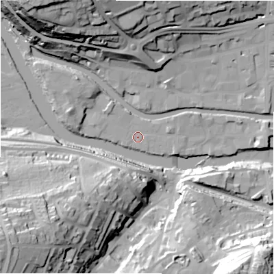 Shaded relief map of the ground around HD61ES, computed from Environment Agency LiDAR. The ground here sits at about 56 m above sea level and falls 53 m across the surrounding 800 m. Surface water reaching this point runs off ground lying to the west-north-west, 6.4 m higher.