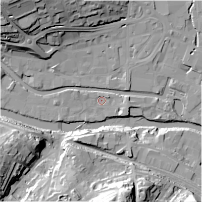 Shaded relief map of the ground around HD61EY, computed from Environment Agency LiDAR. The ground here sits at about 55 m above sea level and falls 45 m across the surrounding 800 m. Surface water reaching this point runs off ground lying to the east-north-east, 2.8 m higher.