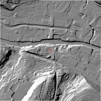 Shaded relief map of the ground around HD61HA, computed from Environment Agency LiDAR. The ground here sits at about 63 m above sea level and falls 61 m across the surrounding 800 m. Surface water reaching this point runs off ground lying to the west, 7.0 m higher.