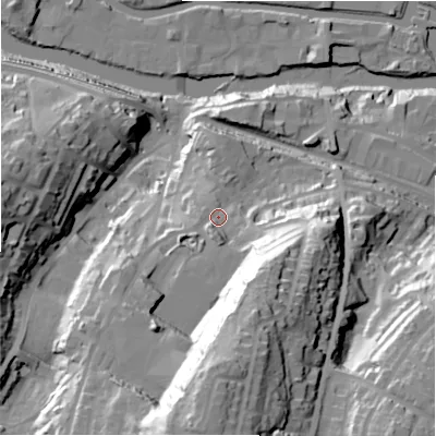 Shaded relief map of the ground around HD61HT, computed from Environment Agency LiDAR. The ground here sits at about 73 m above sea level and falls 71 m across the surrounding 800 m. Surface water reaching this point runs off ground lying to the south, 48.9 m higher.