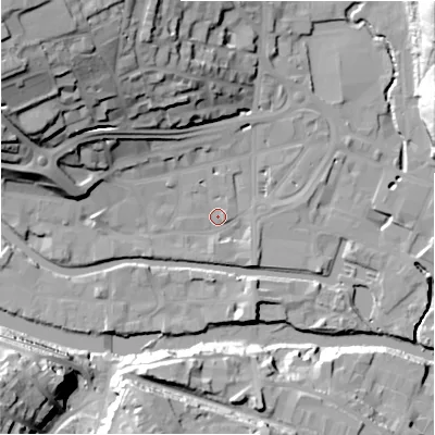 Shaded relief map of the ground around HD61JH, computed from Environment Agency LiDAR. The ground here sits at about 57 m above sea level and falls 42 m across the surrounding 800 m. Surface water reaching this point runs off ground lying to the north-west, 37.4 m higher.
