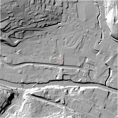 Shaded relief map of the ground around HD61JJ, computed from Environment Agency LiDAR. The ground here sits at about 57 m above sea level and falls 38 m across the surrounding 800 m. Surface water reaching this point runs off ground lying to the south-east, 1.9 m higher.