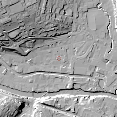 Shaded relief map of the ground around HD61JL, computed from Environment Agency LiDAR. The ground here sits at about 57 m above sea level and falls 44 m across the surrounding 800 m. Surface water reaching this point runs off ground lying to the north, 1.4 m higher.