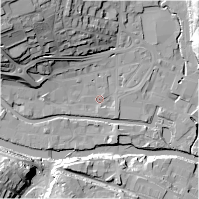 Shaded relief map of the ground around HD61JN, computed from Environment Agency LiDAR. The ground here sits at about 56 m above sea level and falls 42 m across the surrounding 800 m. Surface water reaching this point runs off ground lying to the north-west, 37.5 m higher.