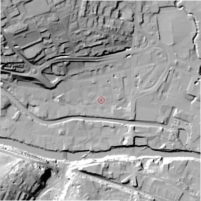 Shaded relief map of the ground around HD61JP, computed from Environment Agency LiDAR. The ground here sits at about 57 m above sea level and falls 44 m across the surrounding 800 m. Surface water reaching this point runs off ground lying to the north-west, 39.7 m higher.