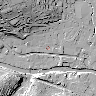 Shaded relief map of the ground around HD61JR, computed from Environment Agency LiDAR. The ground here sits at about 56 m above sea level and falls 44 m across the surrounding 800 m. Surface water reaching this point runs off ground lying to the north-west, 39.5 m higher.