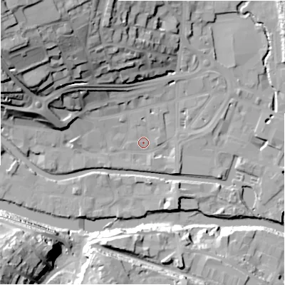 Shaded relief map of the ground around HD61JW, computed from Environment Agency LiDAR. The ground here sits at about 57 m above sea level and falls 44 m across the surrounding 800 m. Surface water reaching this point runs off ground lying to the north-west, 37.3 m higher.