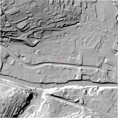 Shaded relief map of the ground around HD61JX, computed from Environment Agency LiDAR. The ground here sits at about 56 m above sea level and falls 45 m across the surrounding 800 m. Surface water reaching this point runs off ground lying to the west-south-west, 1.3 m higher.