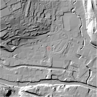 Shaded relief map of the ground around HD61JY, computed from Environment Agency LiDAR. The ground here sits at about 57 m above sea level and falls 40 m across the surrounding 800 m. Surface water reaching this point runs off ground lying to the north-west, 35.7 m higher.