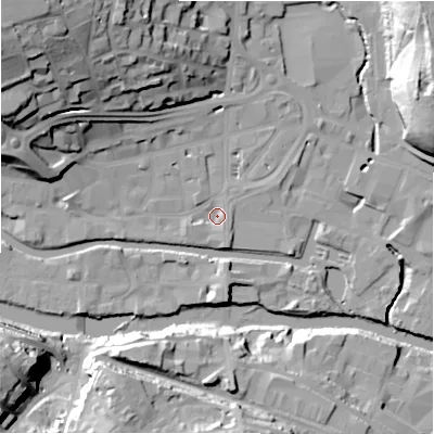 Shaded relief map of the ground around HD61JZ, computed from Environment Agency LiDAR. The ground here sits at about 56 m above sea level and falls 38 m across the surrounding 800 m. Surface water reaching this point runs off ground lying to the south-south-east, 1.9 m higher.