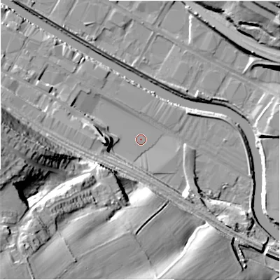 Shaded relief map of the ground around HD61LJ, computed from Environment Agency LiDAR. The ground here sits at about 54 m above sea level and falls 48 m across the surrounding 800 m. The ground contributing surface water to this point lies to the south.