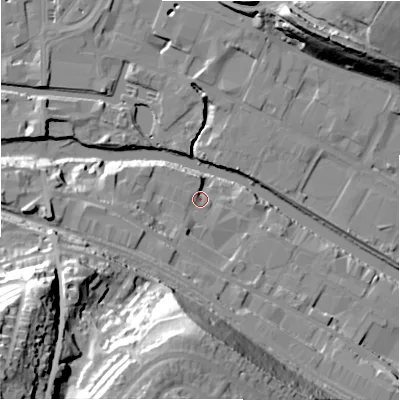 Shaded relief map of the ground around HD61LL, computed from Environment Agency LiDAR. The ground here sits at about 57 m above sea level and falls 57 m across the surrounding 800 m. Surface water reaching this point runs off ground lying to the south-west, 6.7 m higher.