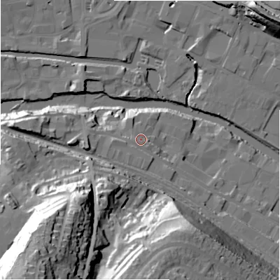Shaded relief map of the ground around HD61LQ, computed from Environment Agency LiDAR. The ground here sits at about 62 m above sea level and falls 65 m across the surrounding 800 m. Surface water reaching this point runs off ground lying to the west, 1.7 m higher.