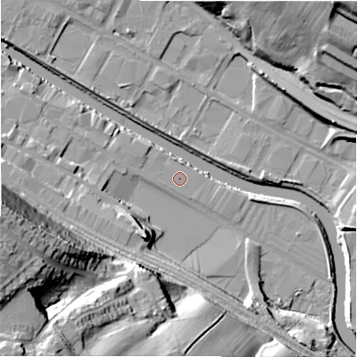Shaded relief map of the ground around HD61LU, computed from Environment Agency LiDAR. The ground here sits at about 54 m above sea level and falls 44 m across the surrounding 800 m. Surface water reaching this point runs off ground lying to the west-south-west, 1.1 m higher.