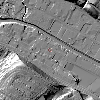 Shaded relief map of the ground around HD61LY, computed from Environment Agency LiDAR. The ground here sits at about 56 m above sea level and falls 56 m across the surrounding 800 m. Surface water reaching this point runs off ground lying to the south-south-west, 3.2 m higher.