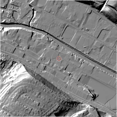 Shaded relief map of the ground around HD61LZ, computed from Environment Agency LiDAR. The ground here sits at about 56 m above sea level and falls 56 m across the surrounding 800 m. Surface water reaching this point runs off ground lying to the south-west, 39.1 m higher.