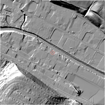 Shaded relief map of the ground around HD61NB, computed from Environment Agency LiDAR. The ground here sits at about 54 m above sea level and falls 53 m across the surrounding 800 m. Surface water reaching this point runs off ground lying to the south-west, 43.6 m higher.