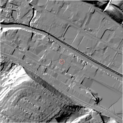 Shaded relief map of the ground around HD61ND, computed from Environment Agency LiDAR. The ground here sits at about 56 m above sea level and falls 56 m across the surrounding 800 m. Surface water reaching this point runs off ground lying to the south-west, 38.9 m higher.