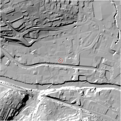 Shaded relief map of the ground around HD61NE, computed from Environment Agency LiDAR. The ground here sits at about 56 m above sea level and falls 43 m across the surrounding 800 m. Surface water reaching this point runs off ground lying to the north-west, 38.7 m higher.
