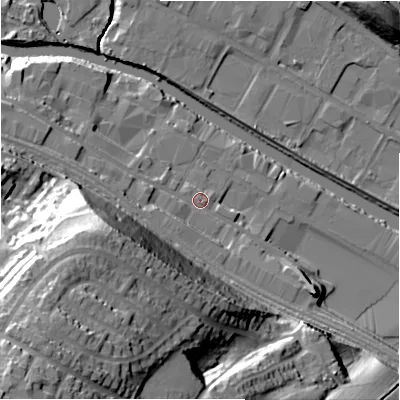 Shaded relief map of the ground around HD61NG, computed from Environment Agency LiDAR. The ground here sits at about 58 m above sea level and falls 58 m across the surrounding 800 m. Surface water reaching this point runs off ground lying to the west-south-west, 33.4 m higher.