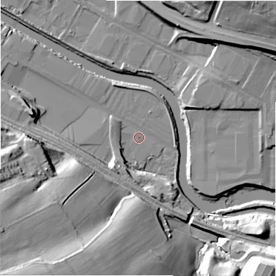 Shaded relief map of the ground around HD61NJ, computed from Environment Agency LiDAR. The ground here sits at about 53 m above sea level and falls 46 m across the surrounding 800 m. Surface water reaching this point runs off ground lying to the south-west, 43.4 m higher.