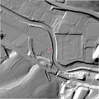 Shaded relief map of the ground around HD61NL, computed from Environment Agency LiDAR. The ground here sits at about 53 m above sea level and falls 48 m across the surrounding 800 m. Surface water reaching this point runs off ground lying to the south-west, 34.7 m higher.