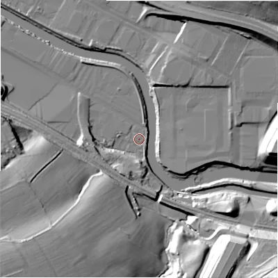 Shaded relief map of the ground around HD61NN, computed from Environment Agency LiDAR. The ground here sits at about 53 m above sea level and falls 49 m across the surrounding 800 m. Surface water reaching this point runs off ground lying to the south-west, 46.3 m higher.