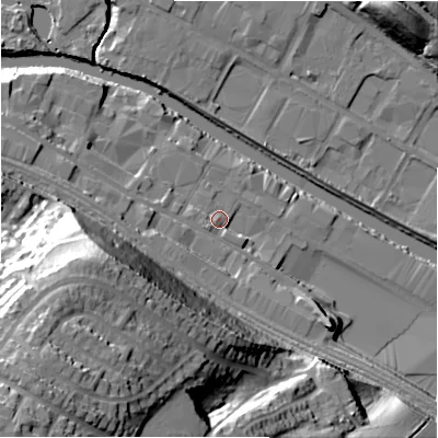 Shaded relief map of the ground around HD61NQ, computed from Environment Agency LiDAR. The ground here sits at about 57 m above sea level and falls 57 m across the surrounding 800 m. Surface water reaching this point runs off ground lying to the west-south-west, 35.1 m higher.