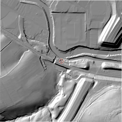 Shaded relief map of the ground around HD61NW, computed from Environment Agency LiDAR. The ground here sits at about 54 m above sea level and falls 69 m across the surrounding 800 m. Surface water reaching this point runs off ground lying to the west, 9.9 m higher.