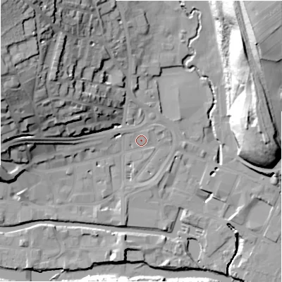 Shaded relief map of the ground around HD61NX, computed from Environment Agency LiDAR. The ground here sits at about 57 m above sea level and falls 43 m across the surrounding 800 m. Surface water reaching this point runs off ground lying to the west-north-west, 31.9 m higher.