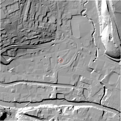 Shaded relief map of the ground around HD61NY, computed from Environment Agency LiDAR. The ground here sits at about 57 m above sea level and falls 38 m across the surrounding 800 m. Surface water reaching this point runs off ground lying to the north-north-east, 2.9 m higher.
