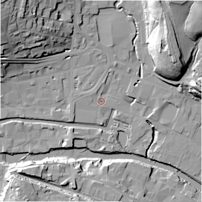 Shaded relief map of the ground around HD61PA, computed from Environment Agency LiDAR. The ground here sits at about 56 m above sea level and falls 36 m across the surrounding 800 m. Surface water reaching this point runs off ground lying to the south-west, 1.9 m higher.