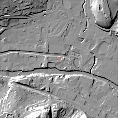 Shaded relief map of the ground around HD61PB, computed from Environment Agency LiDAR. The ground here sits at about 55 m above sea level and falls 45 m across the surrounding 800 m. Surface water reaching this point runs off ground lying to the north-east, 26.0 m higher.
